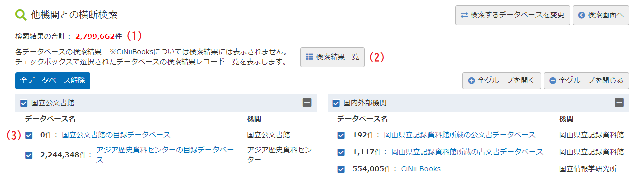 データベース別ヒット件数表示画面イメージ