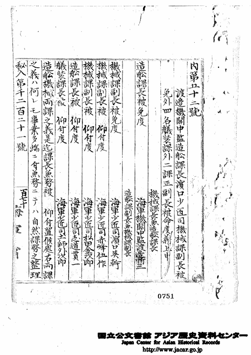 秘入１２２２１ 渡辺機関中監外５名正副長並被免等の件造船所申出