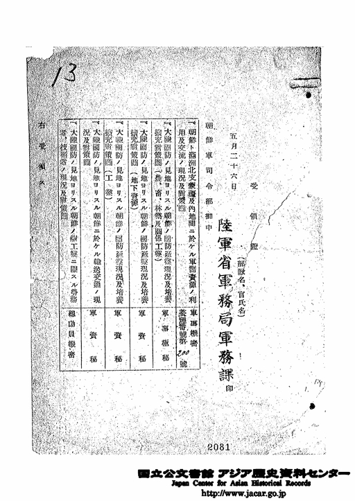 13．受領証 5月26日 陸軍省軍務局軍務課